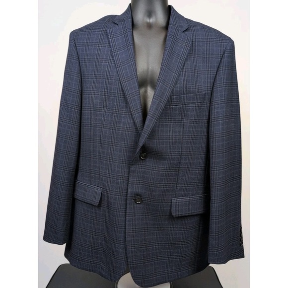 JOS A BANK SIGNATURE Mens Blue Plaid Wool Sport Coat Suit Jacket Blazer 42L - Picture 2 of 10